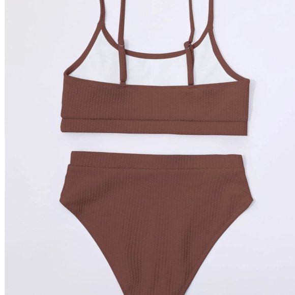 Brown Ribbed High Waist Bikini Bathing Suit - Picture 6 of 9